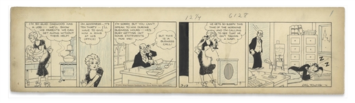 Chic Young Hand-Drawn Blondie Comic Strip From 1933 Titled Mrs. Rip Van Winkle -- The Very First Strip of Dagwood Sleeping on the Job